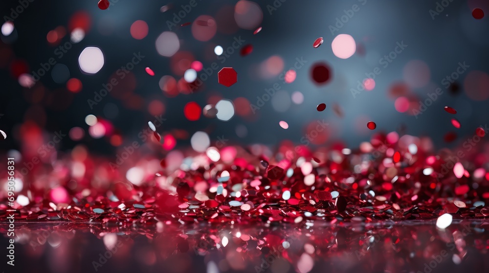 Festive red glitter bokeh lights on vintage christmas xmas background with defocused lights