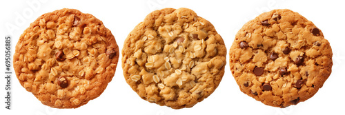Set of different oatmeal cookies are cut out on a transparent background. Oatmeal cookies with chocolate chips. Ingredient for cookie cake. A design element to insert into a project.