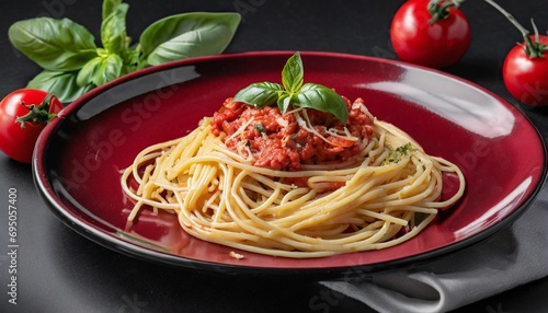 Red dark plate with italian spaghetti on dark 
