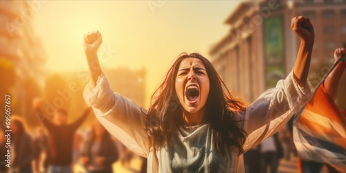 Passionate Advocacy: An angry female Arab Muslim activist passionately shouts for her cause among people in a demonstration, embodying empowerment, social justice, and the fight for equality