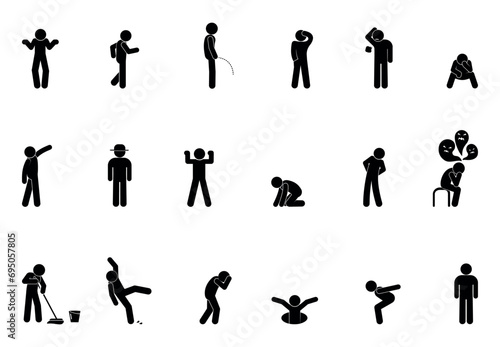 stick figure human silhouette, set of man icons, people in different poses