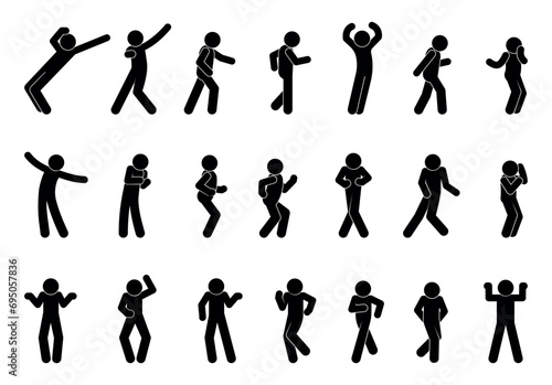 stick figure human silhouette, set of man icons, people in different poses