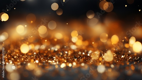 Yellow glow particle abstract bokeh background with shimmering lights and blurred effect