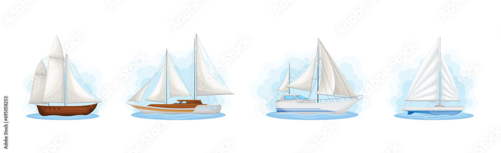 Marine Ship and Vessels Sailing in Sea Vector Set