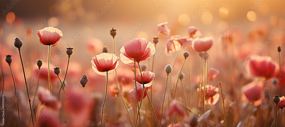 Dreamy bokeh background with blurred, defocused wildflowers in a romantic summer affair
