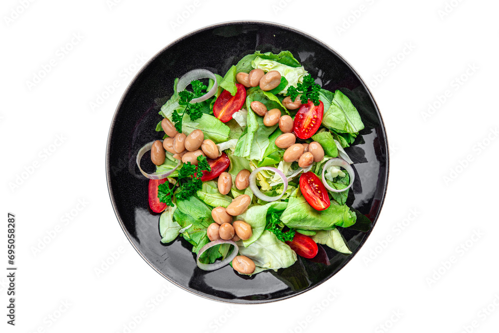 white bean salad green lettuce, tomato healthy eating cooking appetizer meal food snack on the table copy space food background rustic top view white bean salad green lettuce, tomato healthy eating cooking appetizer meal food snack on the table copy space food background rustic top view