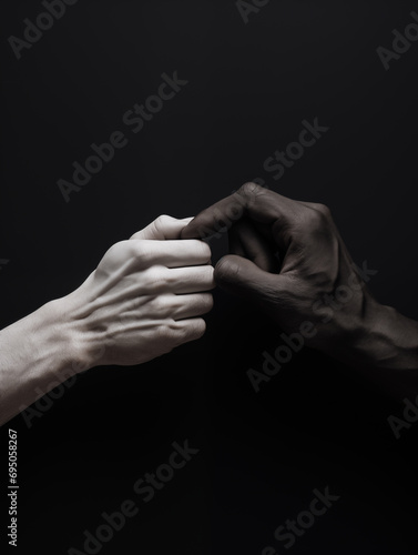 a black and white hand reaching out to each other