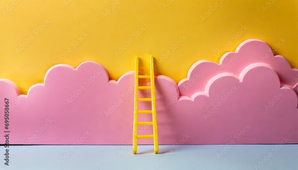 Step ladder leading to clouds. Minimal yellow and pink compostition Step ladder leading to clouds. Minimal yellow and pink compostition
