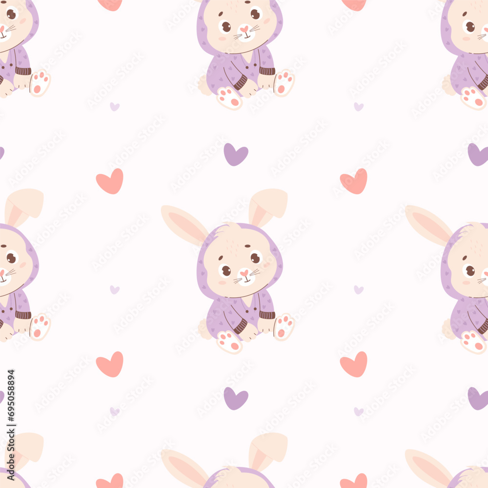 Seamless pattern with cute little animal rabbit with pajamas on white background. Vector illustration for design, wallpaper, packaging, textile. Kids collection.