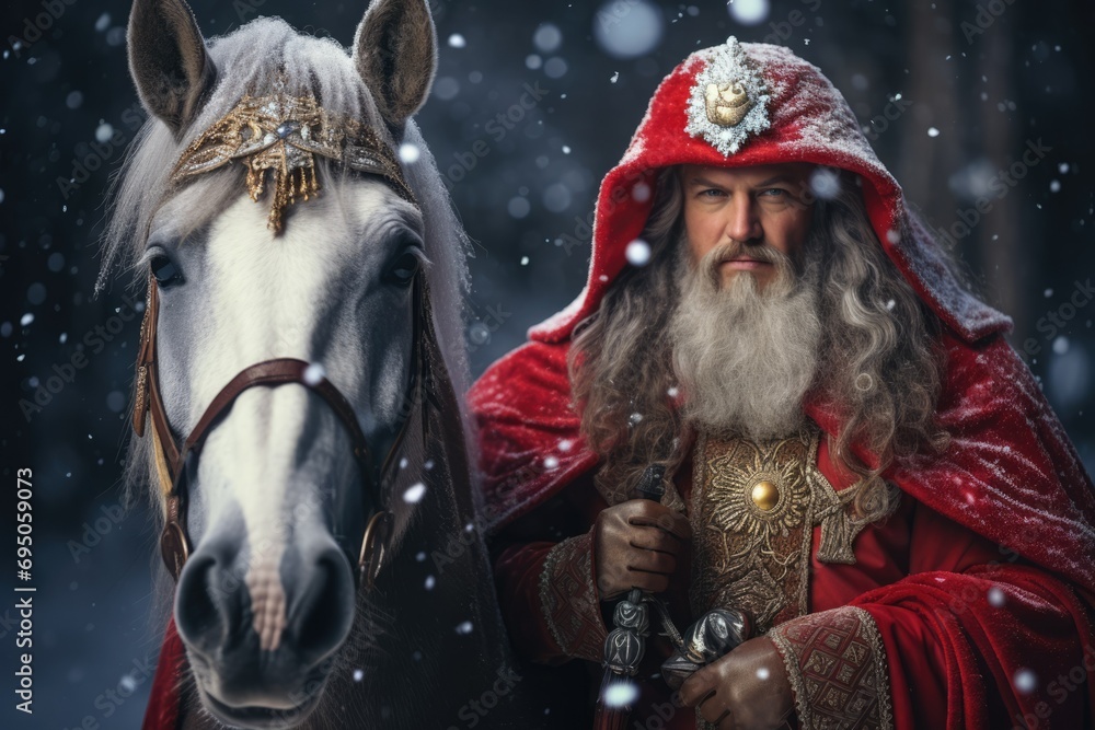 Santa Claus in a red fur coat with a white fur collar with a long white beard in a red hat holds a staff with blue precious stones and a gray horse stands next to him. snowstorm outside.