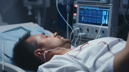 A patient undergoing an electrocardiogram (ECG or EKG) for heart rhythm monitoring,[medical diagnosis] photo