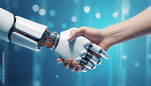 Handshake of female human and robot as symbol of connection between humans and technology. Blue background