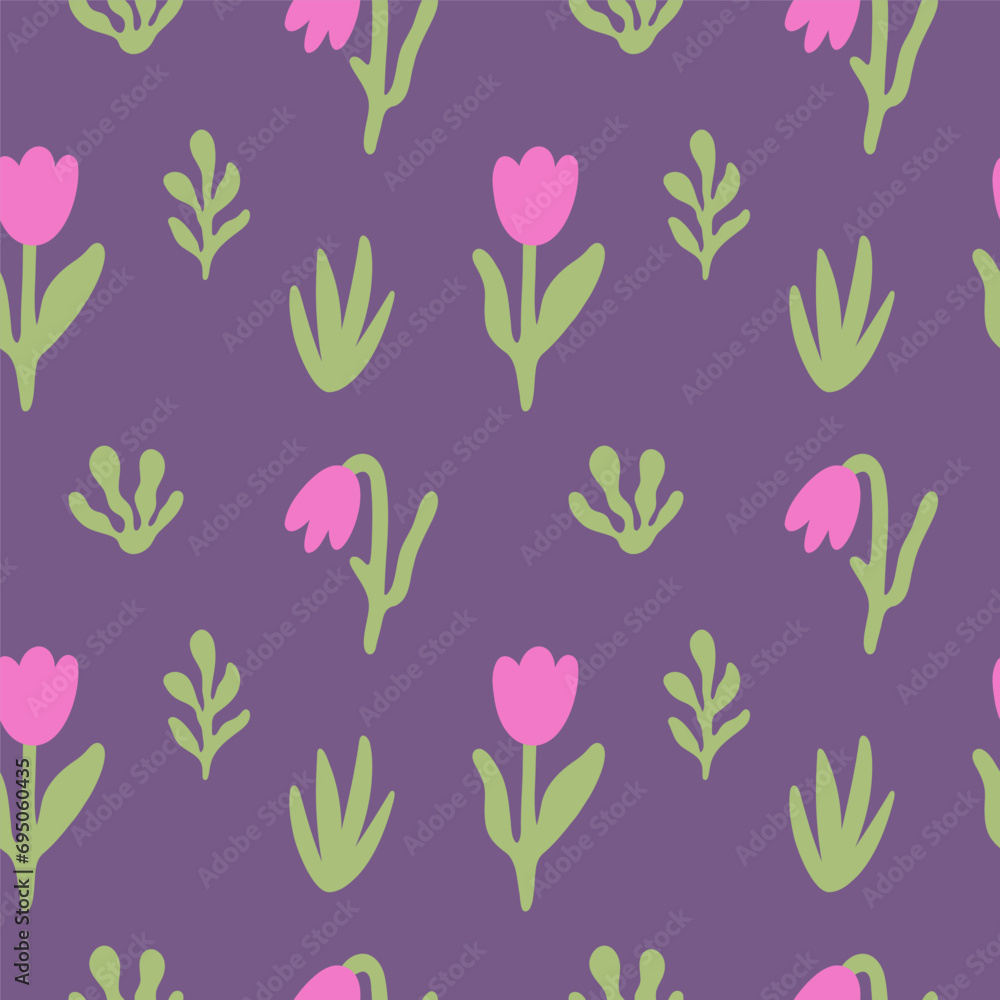 Floral seamless pattern. Vector Illustration with simple flowers and leaves for fabric, textile, background, wallpaper.