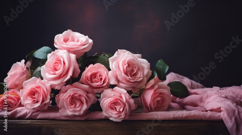  a bunch of pink roses sitting on top of a piece of pink cloth next to a pile of green leaves.
