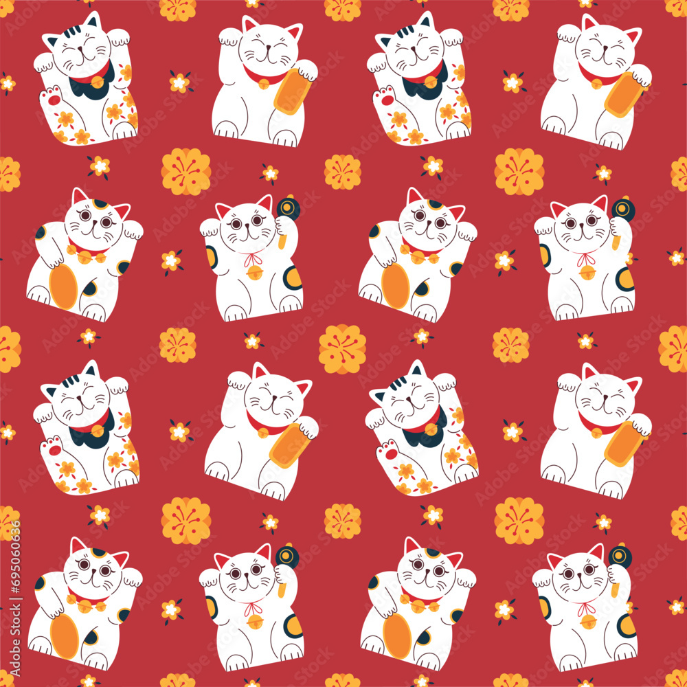 Traditional japanese maneki neko cats. Luck symbols, kittens attracting money, figurines in kimono with raised paws, vector seamless pattern.eps