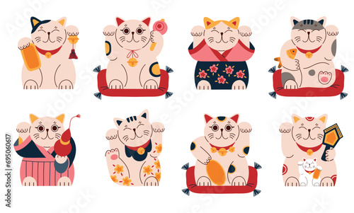 Cute maneki neko figurines. Traditional japanese lucky symbols, funny cats with raised paw, kimono, cartoon happy ceramic dolls, vector set.eps