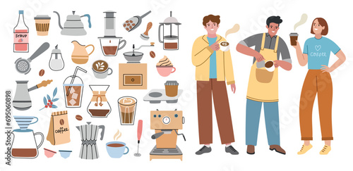 Cute coffee house elements. Funny barista makes cappuccino for visitors, popular hot drink with caffeine, grains, turk and syrup, vector set.eps