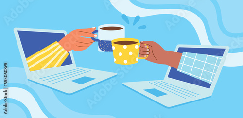 Friendly online communication. Remote tea drinking party, human arms clink coffee cups, hands cheers through screens, vector illustration.eps