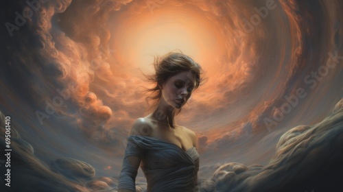  a painting of a woman in a white dress standing in front of a sky filled with clouds and a sun.
