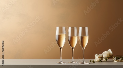  three glasses of champagne sitting on top of a table next to a bottle of wine and a small bouquet of flowers. photo