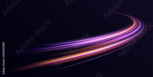 Expressway, the effect of car headlights. Low-poly construction of fine lines. Abstract energy in the form of stripe, arc, curl and zigzag in neon colors with light effect.	 photo
