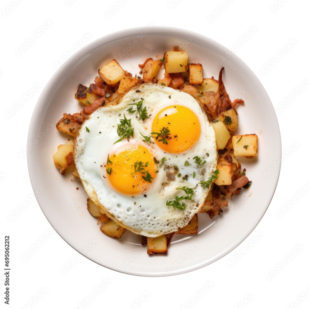Delicious Plate of Fried Eggs and Hash Browns Potatoes Isolated on a Transparent Background Delicious Plate of Fried Eggs and Hash Browns Potatoes Isolated on a Transparent Background