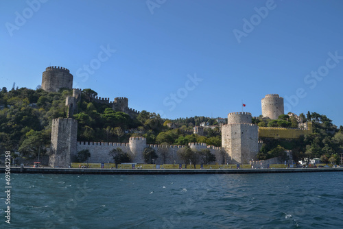 Rumeli Hisari, a medieval Ottoman fortress built by Sultan Mehmed II in the early 1450s, towers over Istanbul Turkey’s sparkling Bosphorus on hills along the Europe side