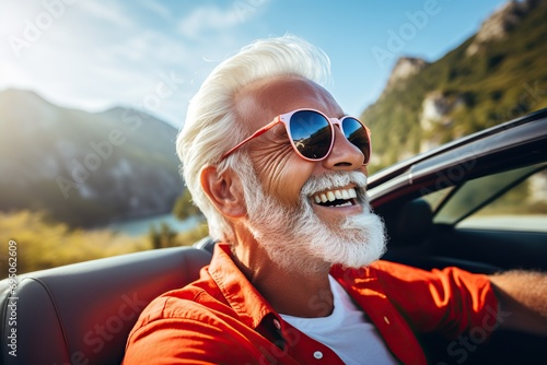 A joyful bearded senior man savoring a summer road trip in Italy, embarking on a luxury convertible adventure, embodying a lifestyle of affluence and freedom