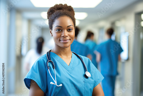 ortrait of a young nursing student standing with her team in hospital, dressed in scrubs, Doctor intern