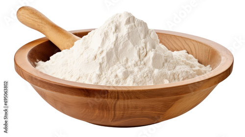 Flour in a wooden bowl isolated on a white background