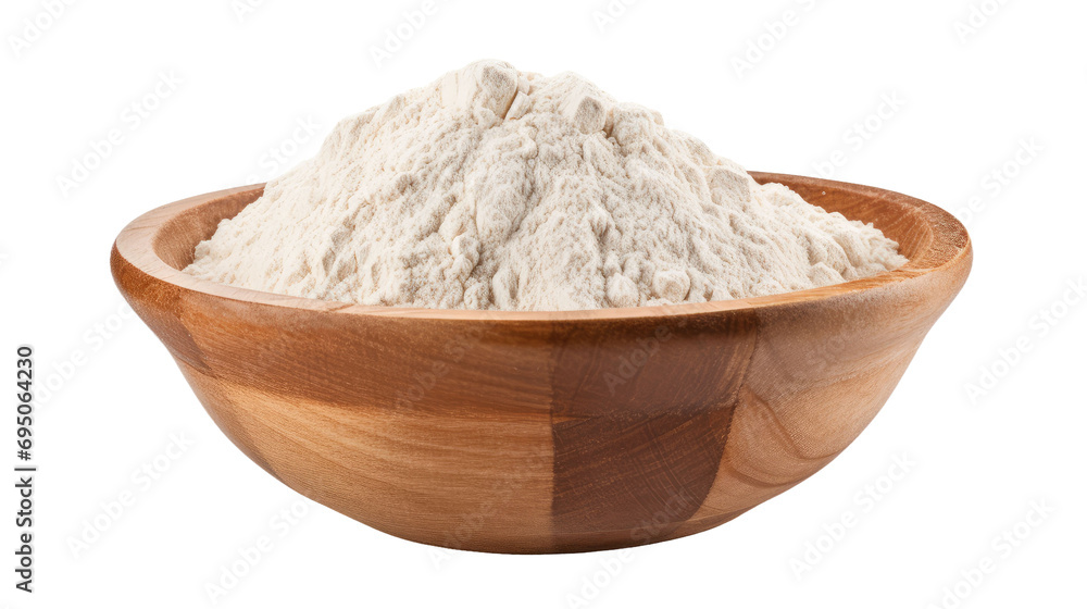 Flour in a wooden bowl isolated on a white background Flour in a wooden bowl isolated on a white background