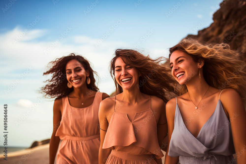 A group of friends enjoying and laughing on the beach at sunset, a moment of pure joy and freedom. A group of friends enjoying and laughing on the beach at sunset, a moment of pure joy and freedom.