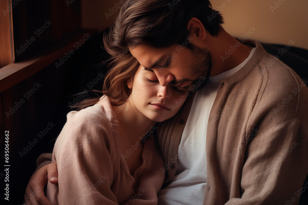 A couple shares an intimate, comforting embrace, radiating love and tranquility. A couple shares an intimate, comforting embrace, radiating love and tranquility.