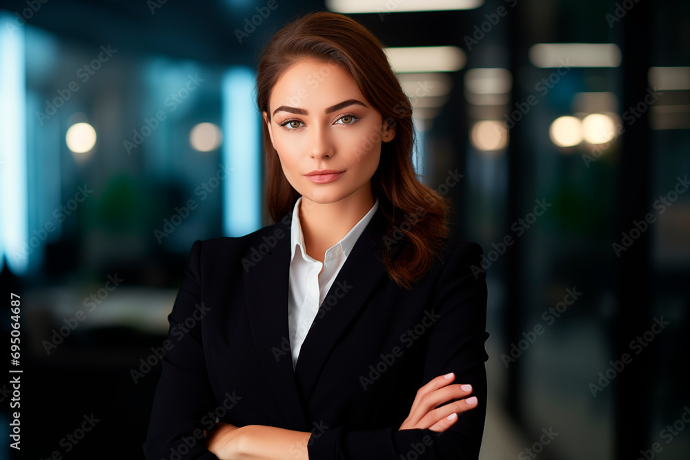 Confident businesswoman in a business suit poses in a modern office, symbolizing professionalism Confident businesswoman in a business suit poses in a modern office, symbolizing professionalism
