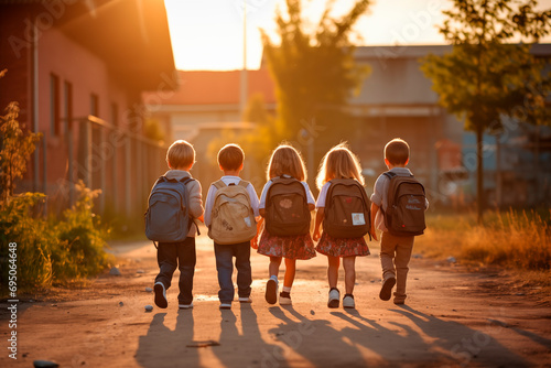 Children with backpacks walking together on the path home after a school day.