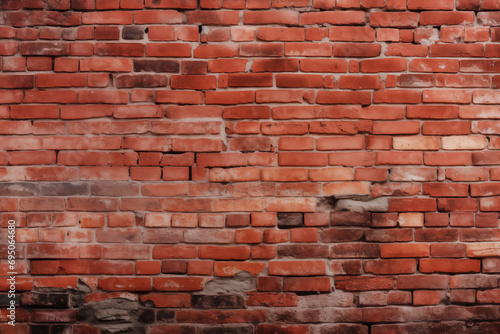 Red brick wall with aging and wear signs, rustic texture.