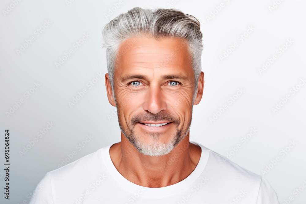 Mature man with gray hair, smiling confidently and elegantly. Mature man with gray hair, smiling confidently and elegantly.
