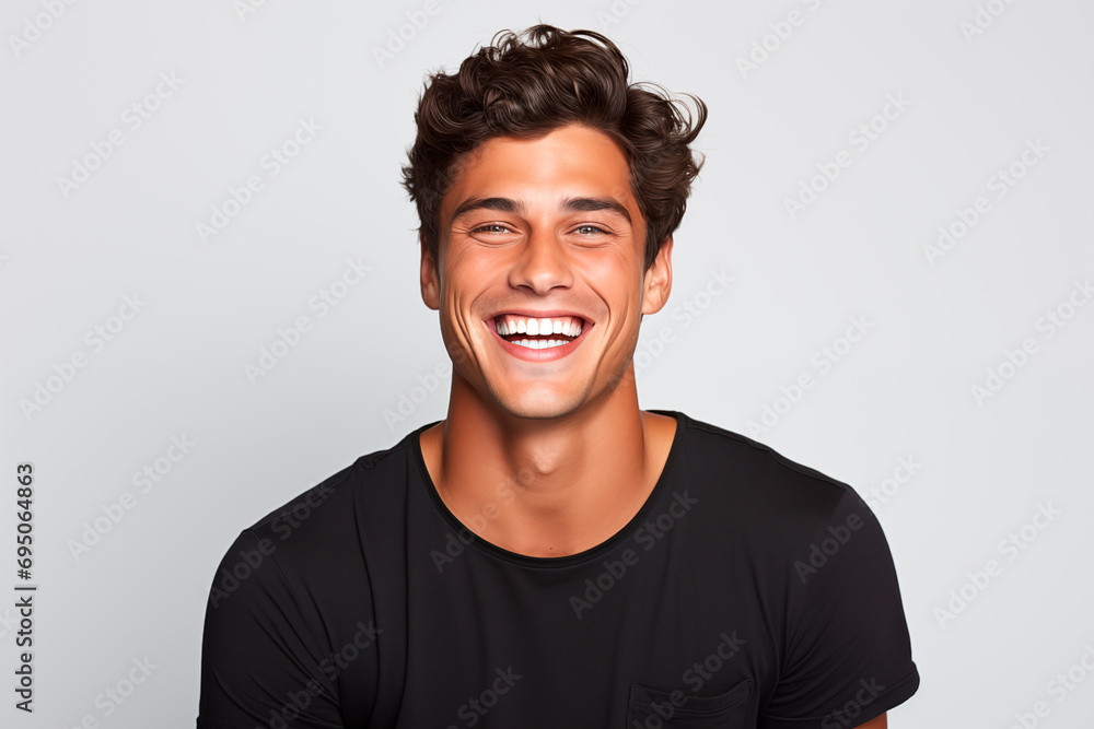 Smiling man with curly hair and black t-shirt, radiating joy and charisma. White Background Smiling man with curly hair and black t-shirt, radiating joy and charisma. White Background