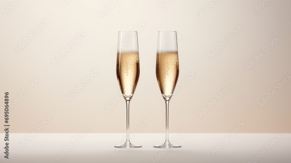 two glasses of champagne sitting next to each other on a white table with a light colored wall in the background. two glasses of champagne sitting next to each other on a white table with a light colored wall in the background.