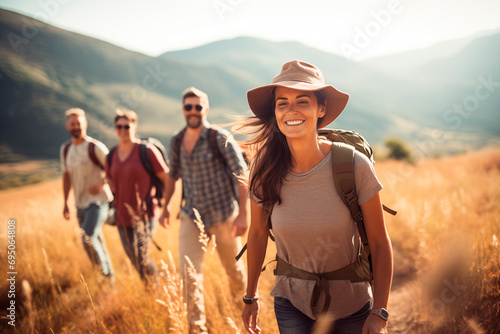 Smiling friends on a summer hike, surrounded by mountains and golden fields. © EricMiguel