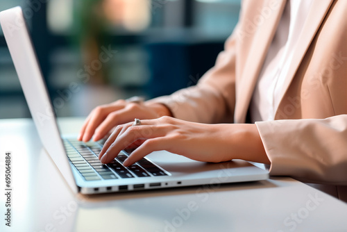 Woman's hands working on a laptop on a bright and modern desk.