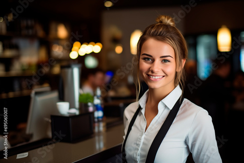Smiling blonde waitress in service uniform at a brightly lit and welcoming café.