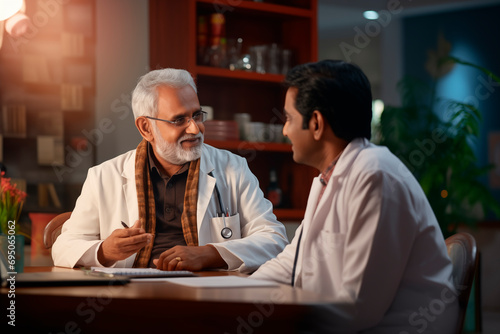 Experienced doctor in consultation with a patient, communicating in a clinical setting.