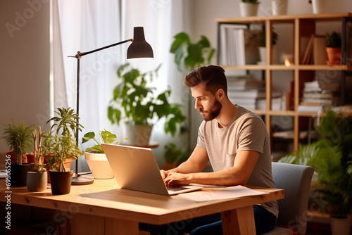Man focused on work at laptop in a home office, surrounded by plants and natural light.