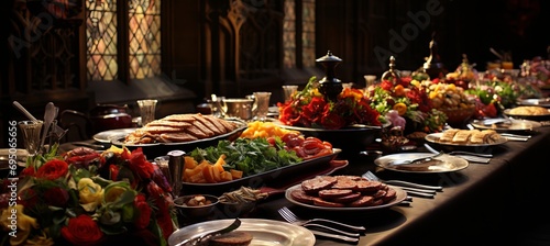 Medieval castle banquet  opulent feasts  candlelit splendor  golden sunlight through stained glass