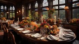 Medieval castle banquet with candlelit tables, royal feasts, golden sunlight through stained glass