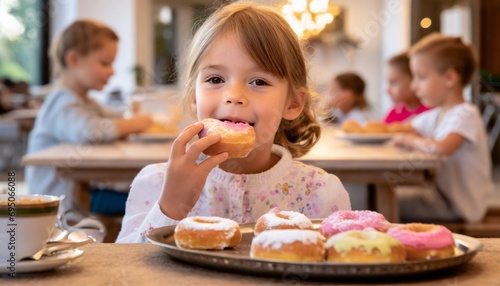 Child eating a donut. Carnival, Fat Thursday, sweets in the children's diet photo