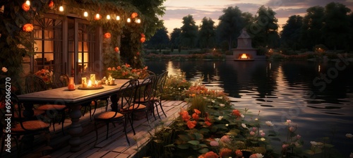 Tranquil lakeside at twilight with wooden dock, shimmering stars, and full moon radiance