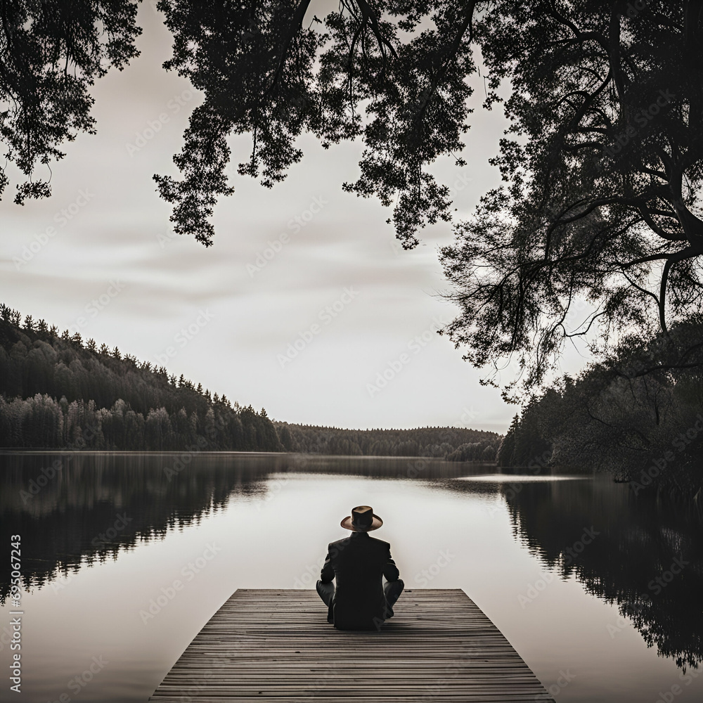 Obraz premium man sitting on end of dock over lake 
