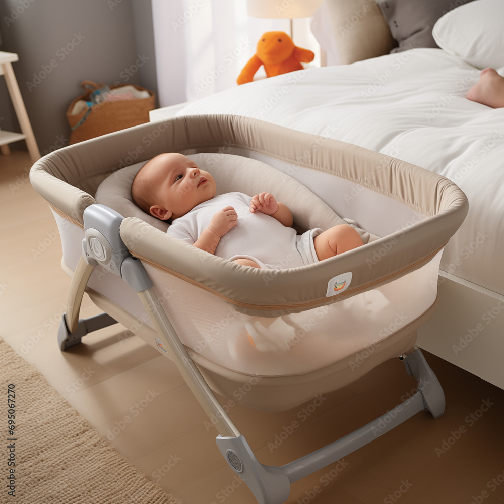 Newborn baby in bedside sleeper, co sleeper, An crib. Infant